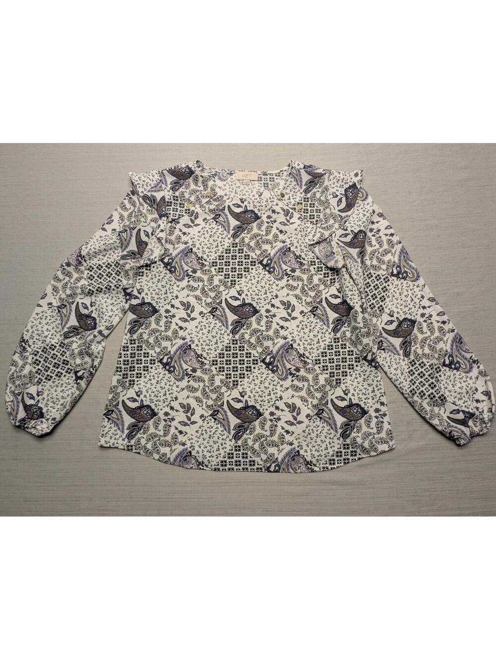 Loft Outlet Paisley Print Long Sleeve Blouse Ruffled Shoulder Gold Buttons M